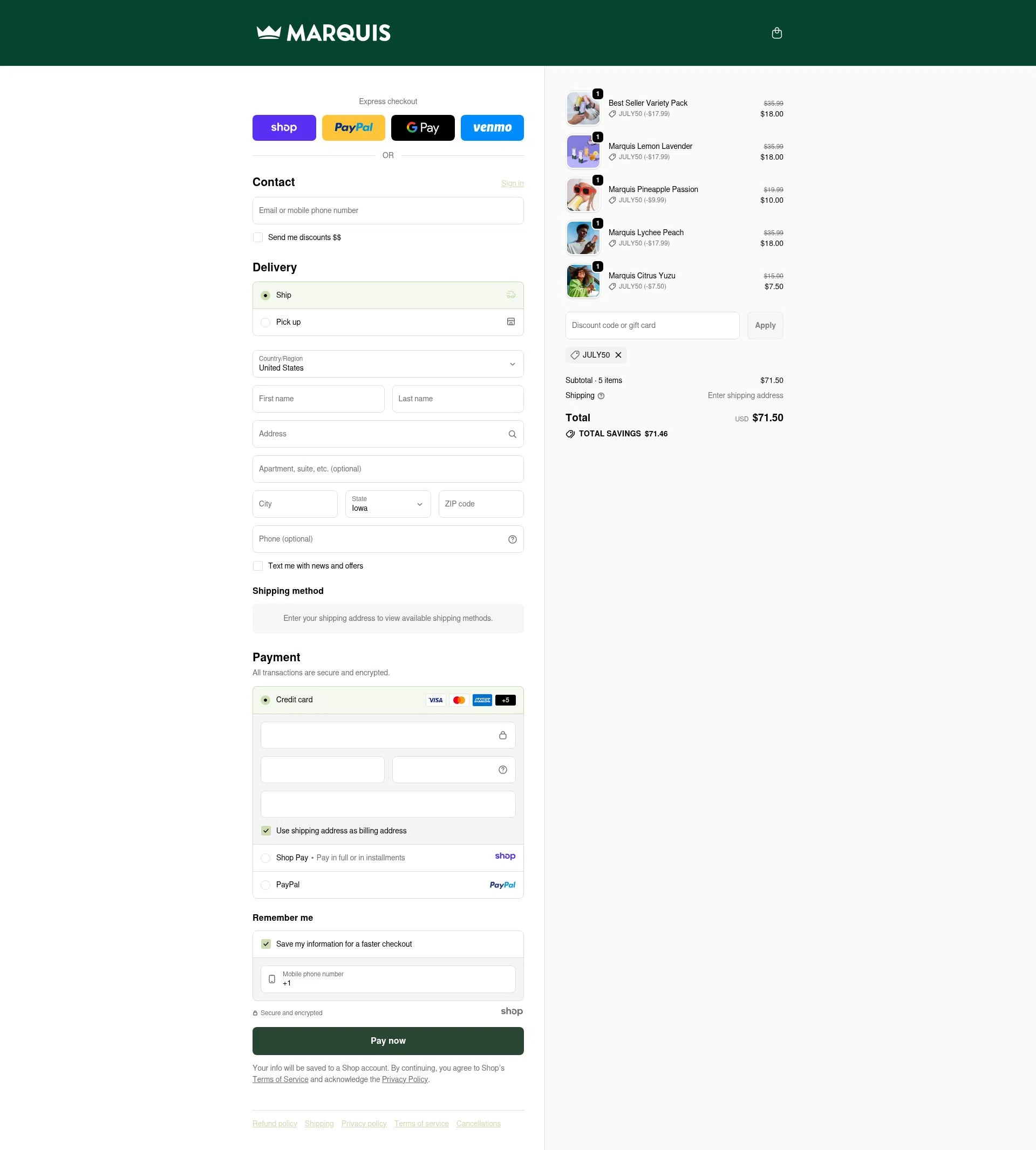 Marquis checkout page showing Marquis promo code box | Screenshot taken by SimplyCodes community member on Jan 3, 2026
