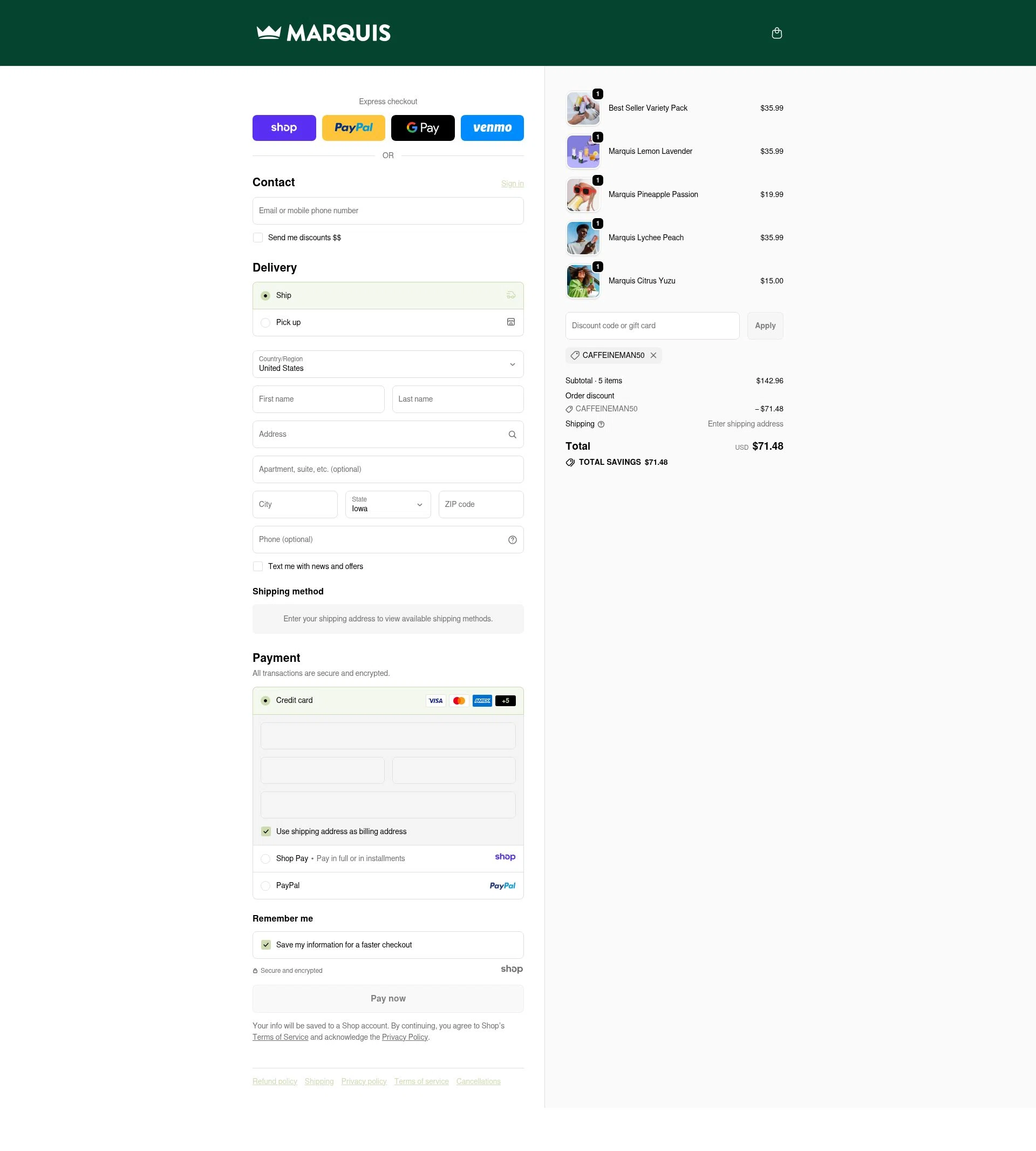 Marquis checkout page showing Marquis promo code box | Screenshot taken by SimplyCodes community member on Jan 3, 2026