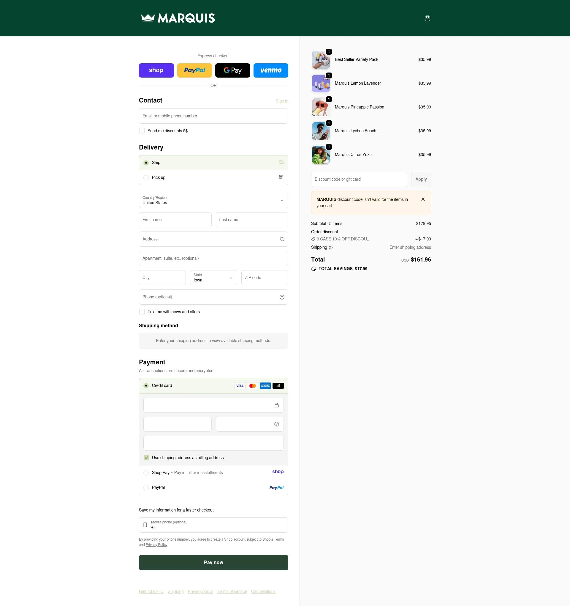 Marquis checkout page showing Marquis promo code box | Screenshot taken by SimplyCodes community member on Jan 8, 2026