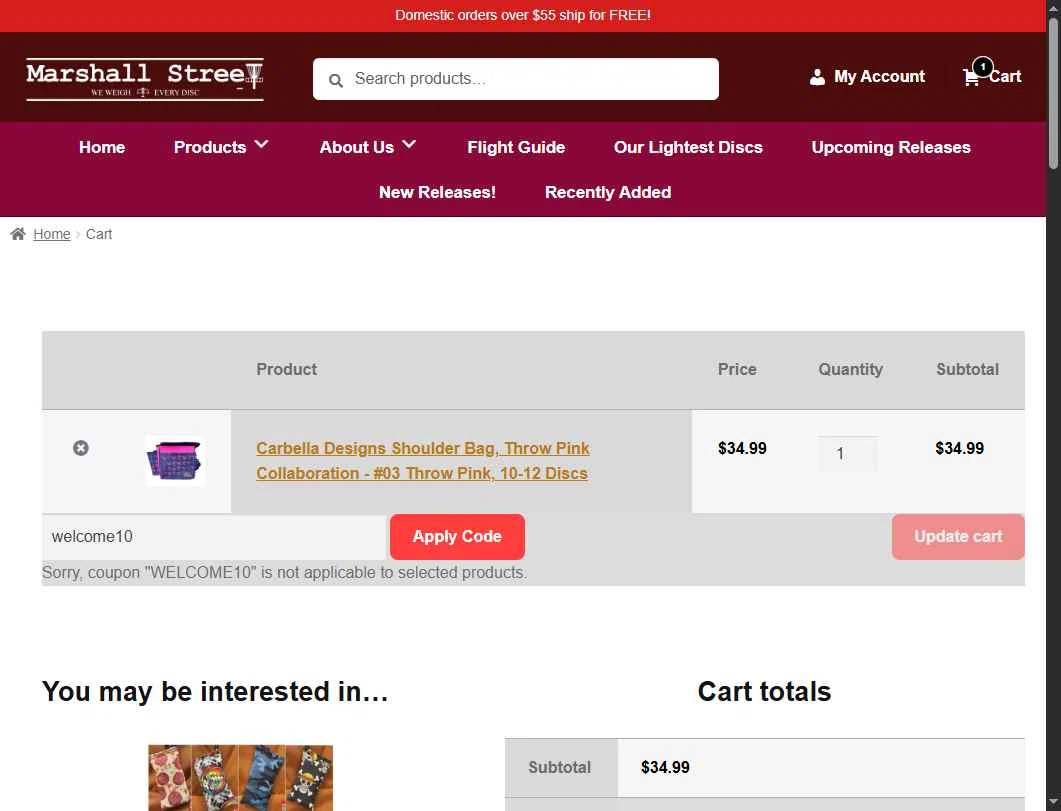 Marshall Street Disc Golf checkout page showing Marshall Street Disc Golf promo code box | Screenshot taken by SimplyCodes community member on Jul 30, 2025