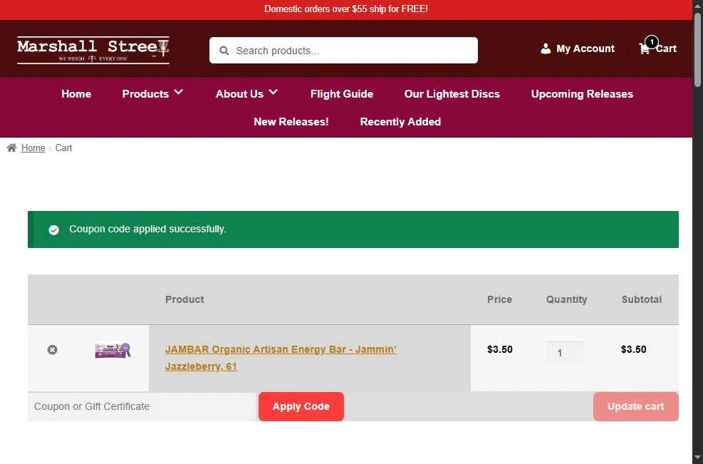 Marshall Street Disc Golf checkout page showing Marshall Street Disc Golf promo code box | Screenshot taken by SimplyCodes community member on Jul 30, 2025