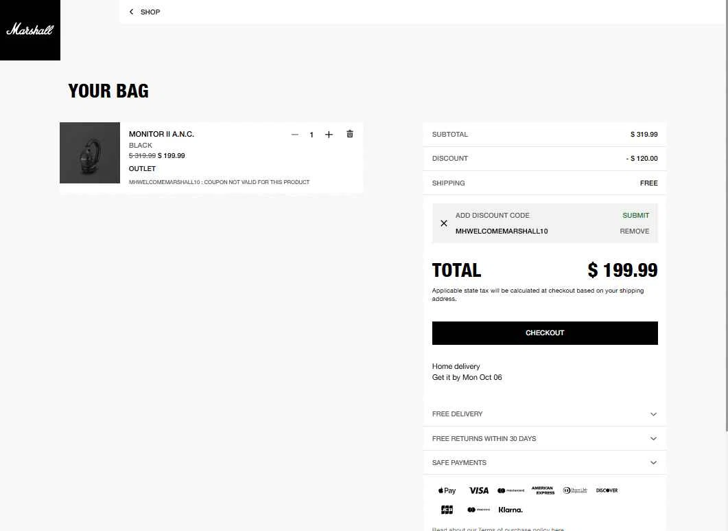 Marshall Headphones checkout page showing Marshall Headphones discount code box | Screenshot taken by SimplyCodes community member on Sep 30, 2025