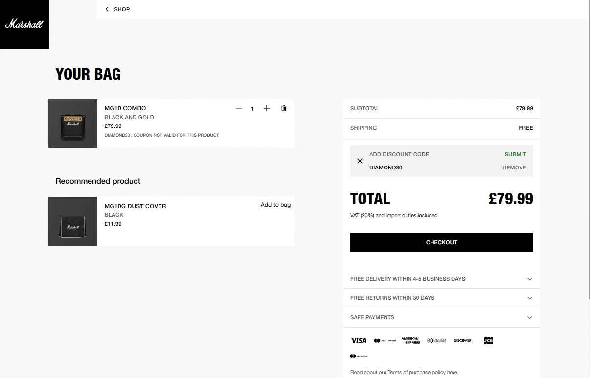 Marshall Headphones checkout page showing Marshall Headphones discount code box | Screenshot taken by SimplyCodes community member on Sep 4, 2025
