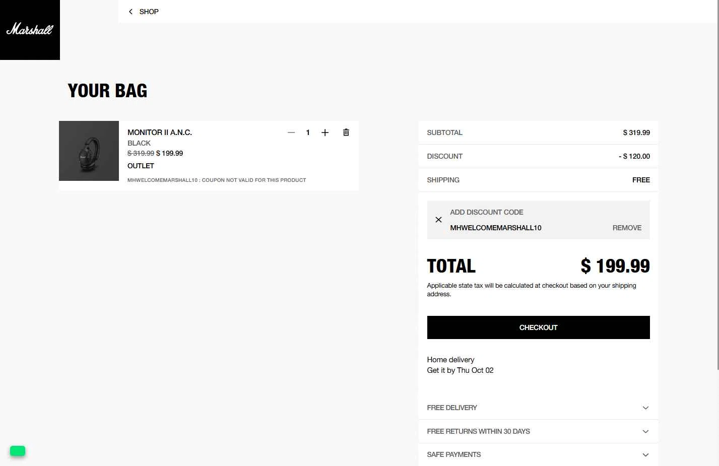 Marshall Headphones checkout page showing Marshall Headphones discount code box | Screenshot taken by SimplyCodes community member on Sep 30, 2025