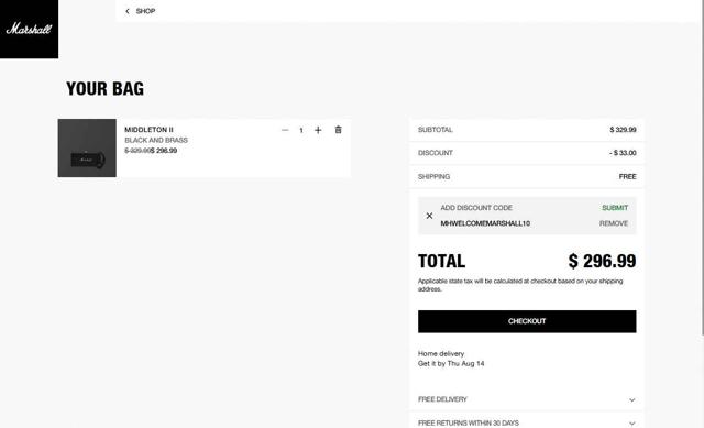 Marshall checkout page showing Marshall coupon code box | Screenshot taken by SimplyCodes community member on Aug 12, 2025