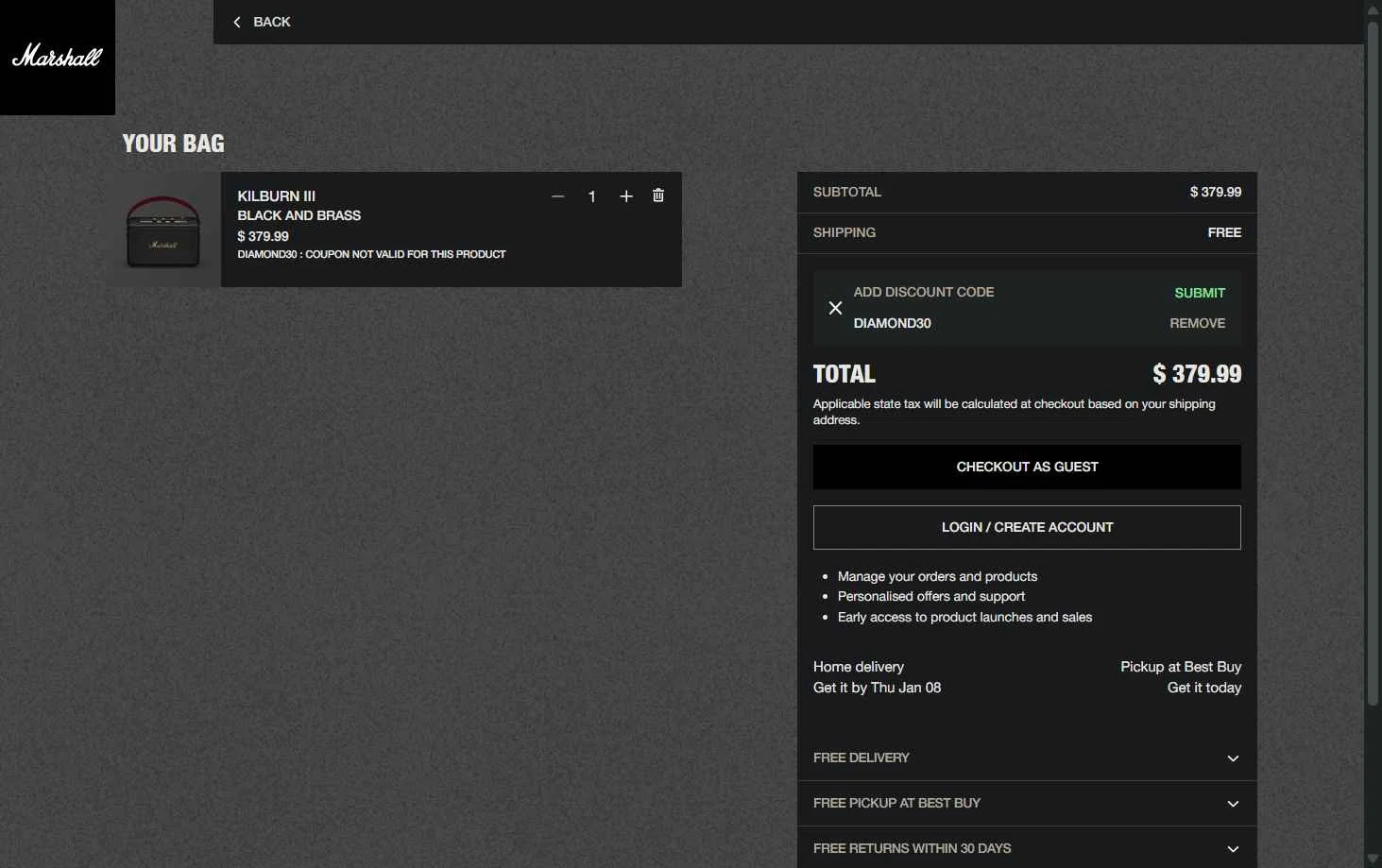 Marshall checkout page showing Marshall coupon code box | Screenshot taken by SimplyCodes community member on Jan 6, 2026