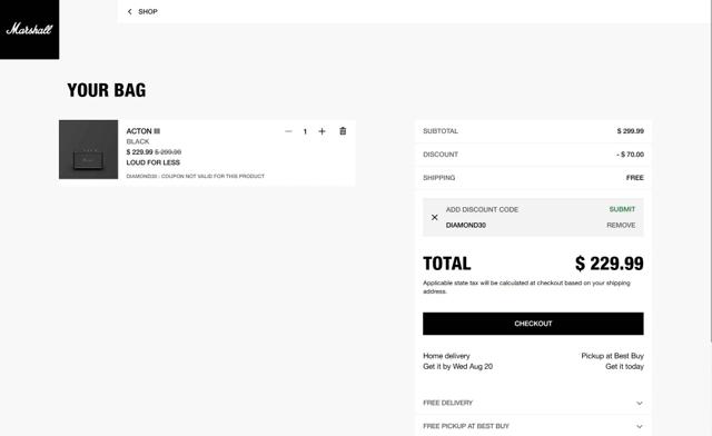 Marshall checkout page showing Marshall coupon code box | Screenshot taken by SimplyCodes community member on Aug 16, 2025