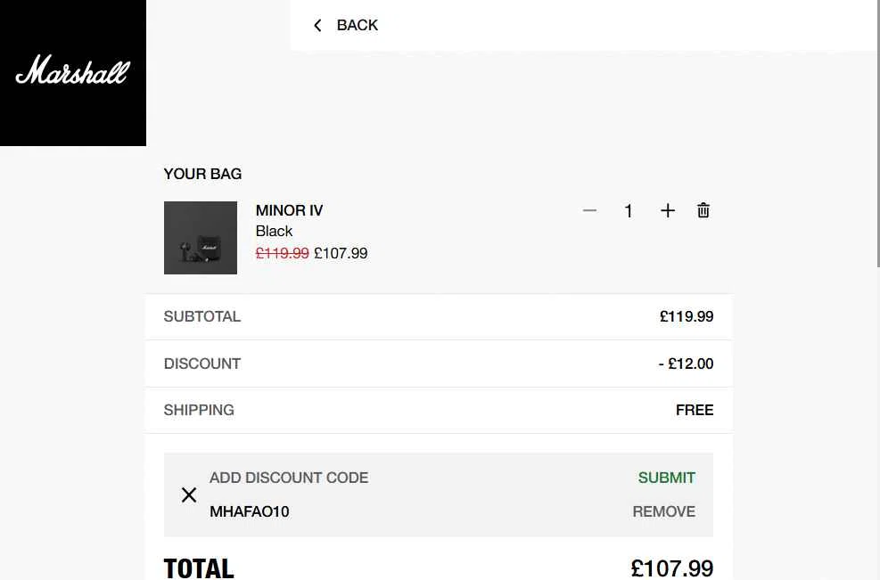 Marshall checkout page showing Marshall coupon code box | Screenshot taken by SimplyCodes community member on Jan 2, 2026