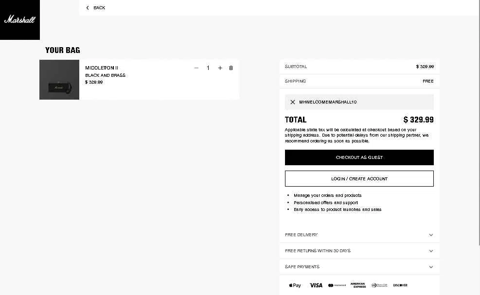 Marshall checkout page showing Marshall coupon code box | Screenshot taken by SimplyCodes community member on Dec 21, 2025
