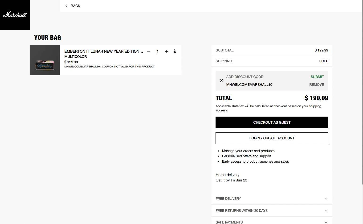 Marshall checkout page showing Marshall coupon code box | Screenshot taken by SimplyCodes community member on Jan 21, 2026