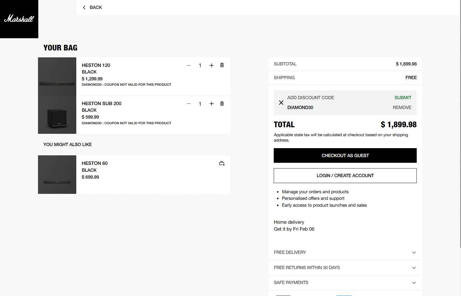 Marshall checkout page showing Marshall coupon code box | Screenshot taken by SimplyCodes community member on Feb 4, 2026