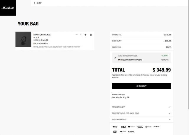 Marshall checkout page showing Marshall coupon code box | Screenshot taken by SimplyCodes community member on Aug 27, 2025