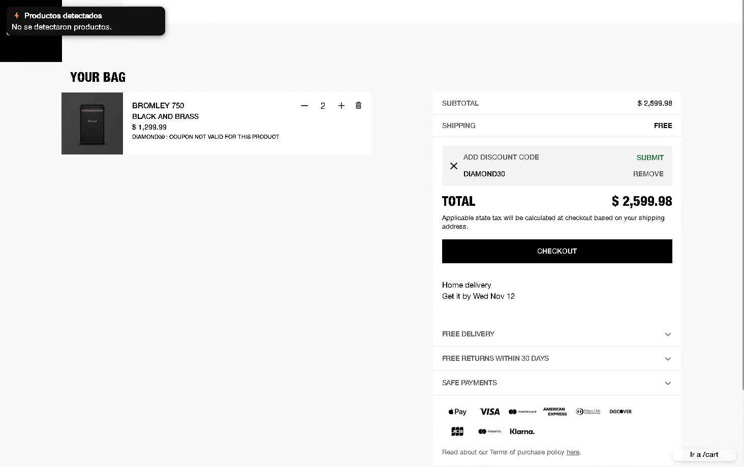 Marshall checkout page showing Marshall coupon code box | Screenshot taken by SimplyCodes community member on Nov 8, 2025