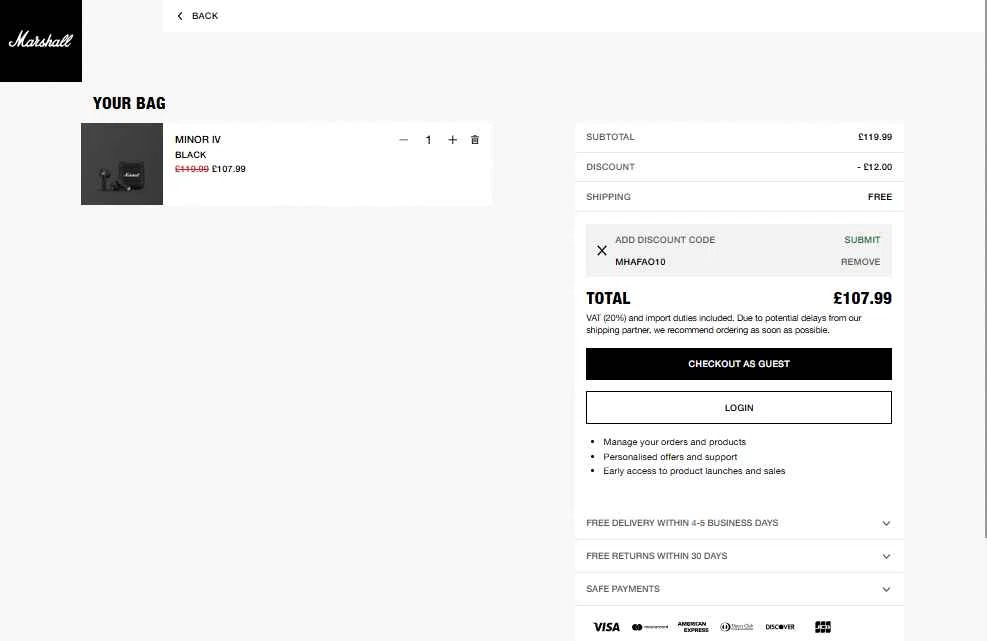 Marshall checkout page showing Marshall coupon code box | Screenshot taken by SimplyCodes community member on Dec 6, 2025