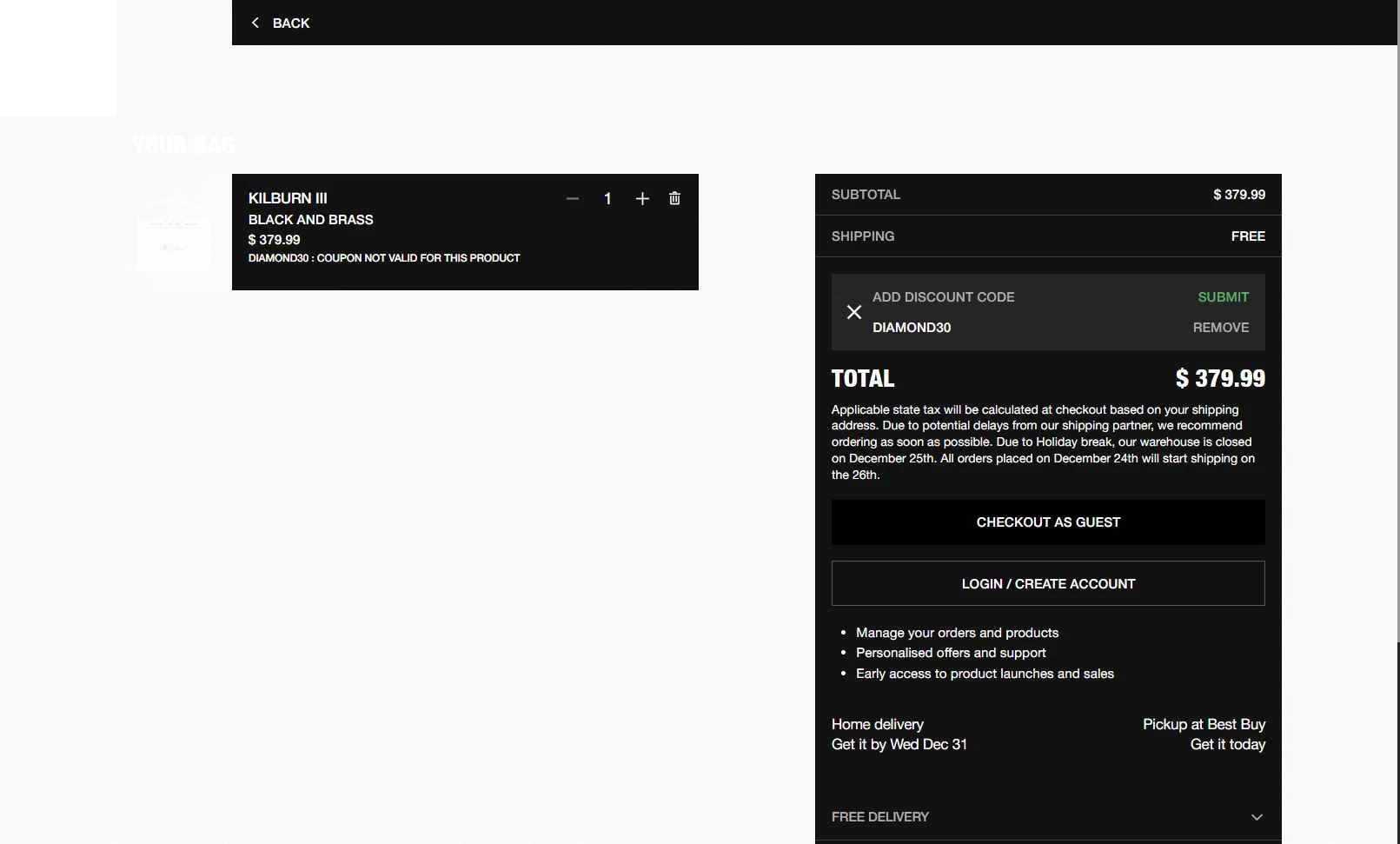 Marshall checkout page showing Marshall coupon code box | Screenshot taken by SimplyCodes community member on Dec 27, 2025