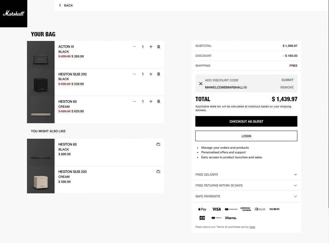 Marshall checkout page showing Marshall coupon code box | Screenshot taken by SimplyCodes community member on Nov 18, 2025