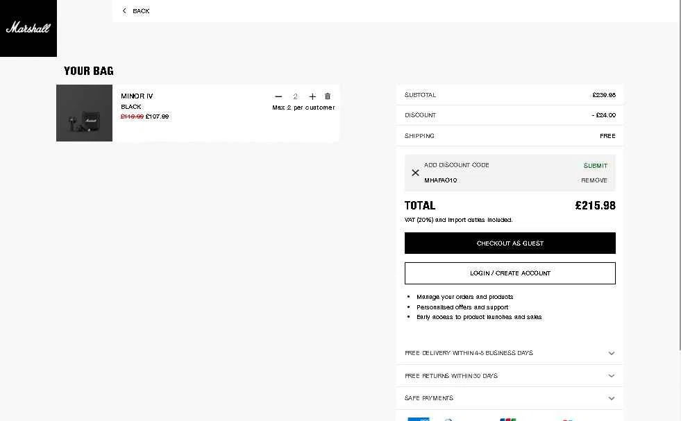 Marshall checkout page showing Marshall coupon code box | Screenshot taken by SimplyCodes community member on Jan 21, 2026