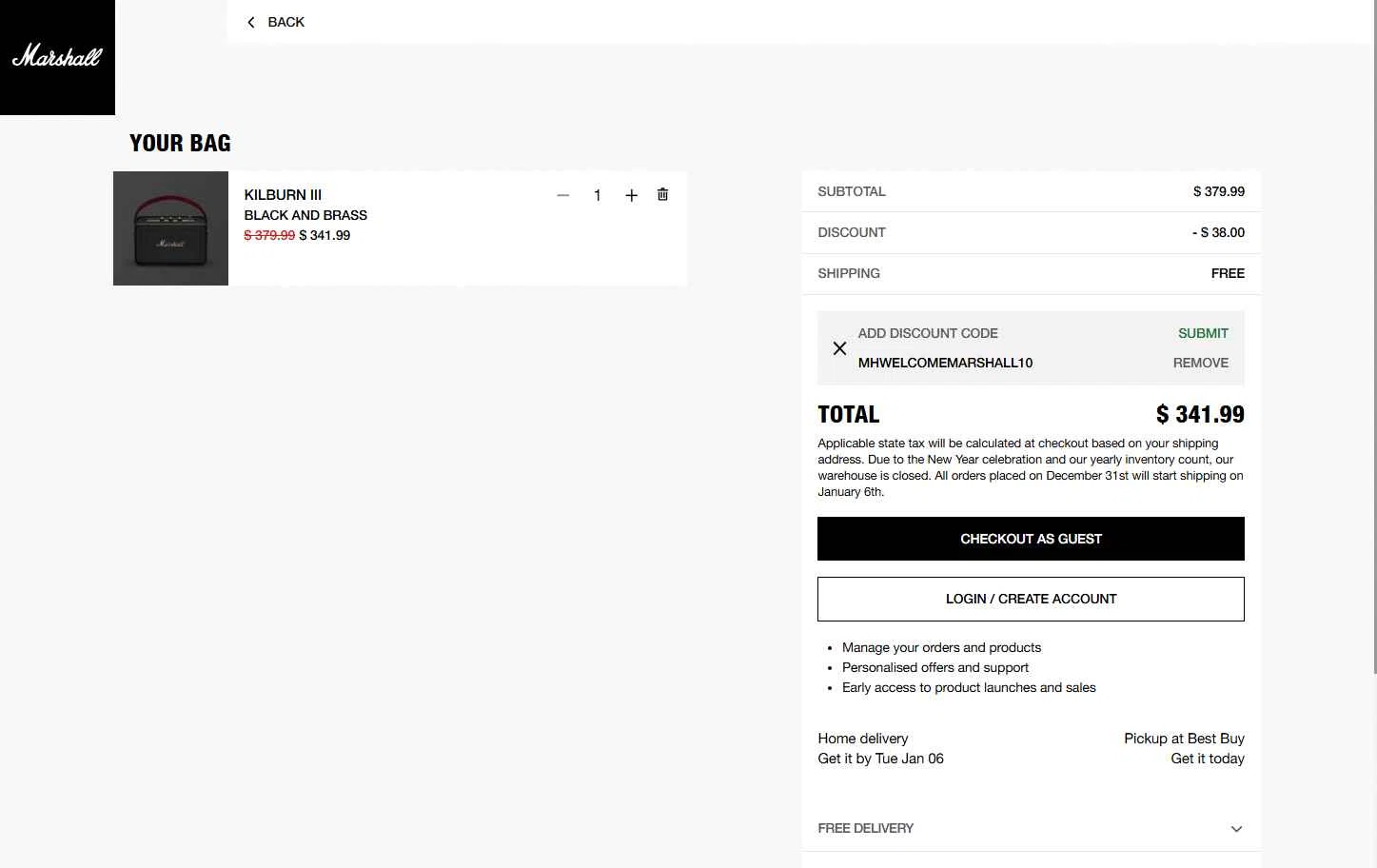 Marshall checkout page showing Marshall coupon code box | Screenshot taken by SimplyCodes community member on Jan 2, 2026