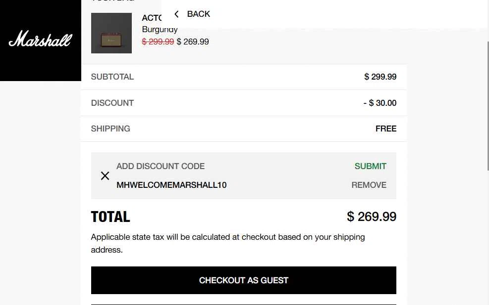 Marshall checkout page showing Marshall coupon code box | Screenshot taken by SimplyCodes community member on Nov 18, 2025