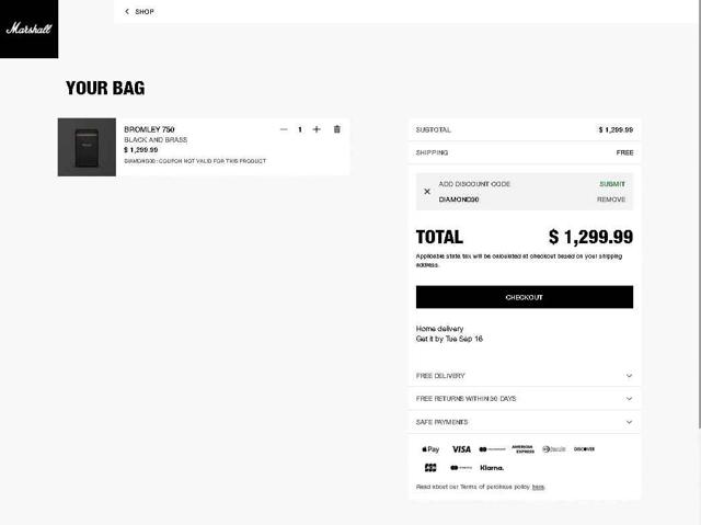 Marshall checkout page showing Marshall coupon code box | Screenshot taken by SimplyCodes community member on Sep 12, 2025