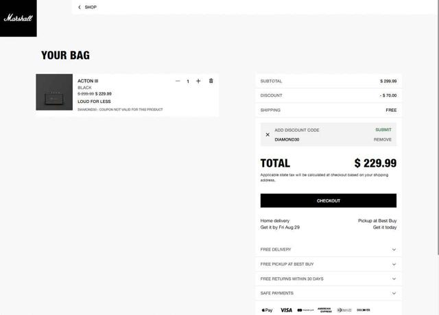 Marshall checkout page showing Marshall coupon code box | Screenshot taken by SimplyCodes community member on Aug 27, 2025