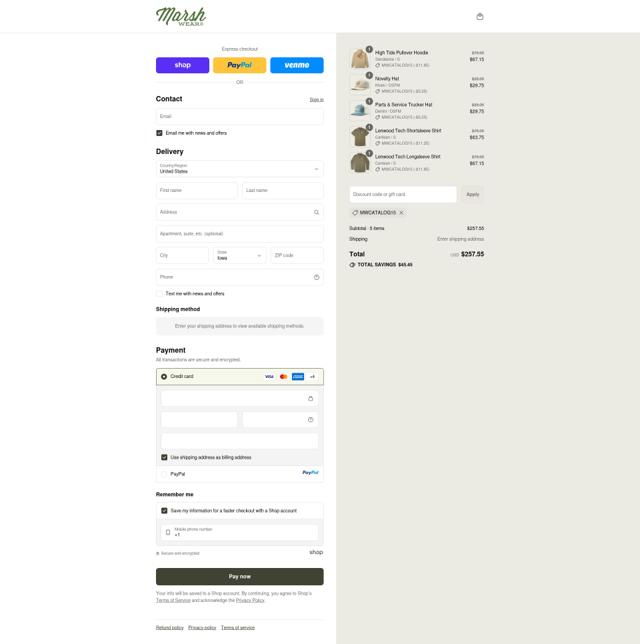 Marsh Wear checkout page showing Marsh Wear discount code box | Screenshot taken by SimplyCodes community member on Sep 10, 2025