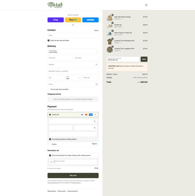 Marsh Wear checkout page showing Marsh Wear discount code box | Screenshot taken by SimplyCodes community member on Sep 14, 2025