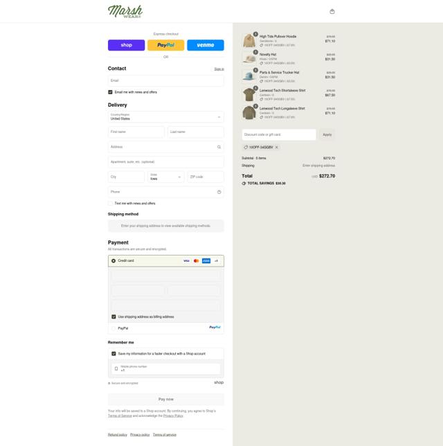 Marsh Wear checkout page showing Marsh Wear discount code box | Screenshot taken by SimplyCodes community member on Sep 10, 2025