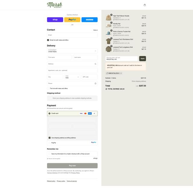 Marsh Wear checkout page showing Marsh Wear discount code box | Screenshot taken by SimplyCodes community member on Sep 10, 2025