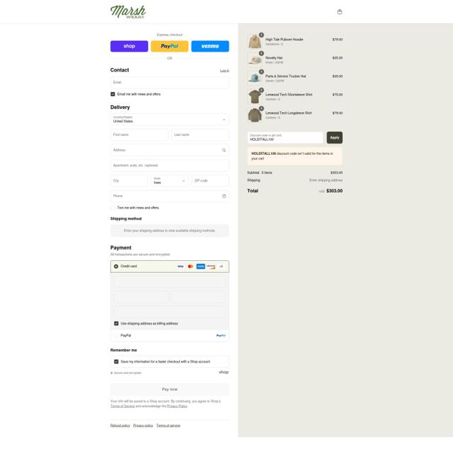 Marsh Wear checkout page showing Marsh Wear discount code box | Screenshot taken by SimplyCodes community member on Sep 2, 2025