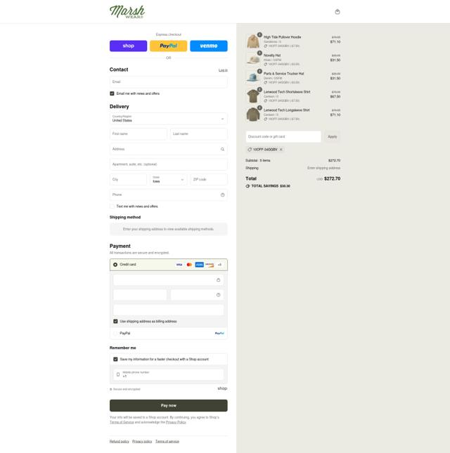 Marsh Wear checkout page showing Marsh Wear discount code box | Screenshot taken by SimplyCodes community member on Sep 6, 2025