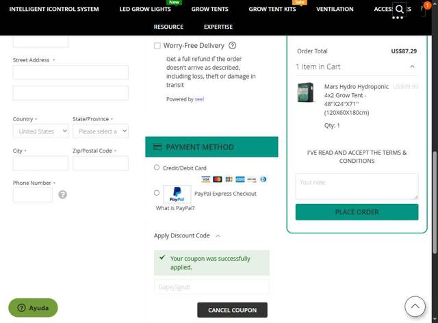 Mars Hydro checkout page showing Mars Hydro discount code box | Screenshot taken by SimplyCodes community member on Aug 13, 2025
