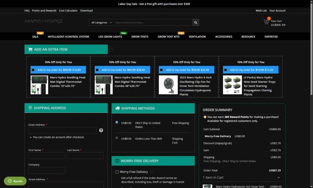 Mars Hydro checkout page showing Mars Hydro discount code box | Screenshot taken by SimplyCodes community member on Sep 11, 2025
