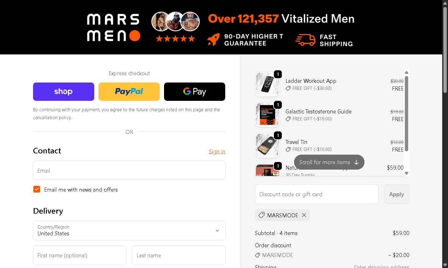 Mars Men checkout page showing Mars Men discount code box | Screenshot taken by SimplyCodes community member on Sep 19, 2025