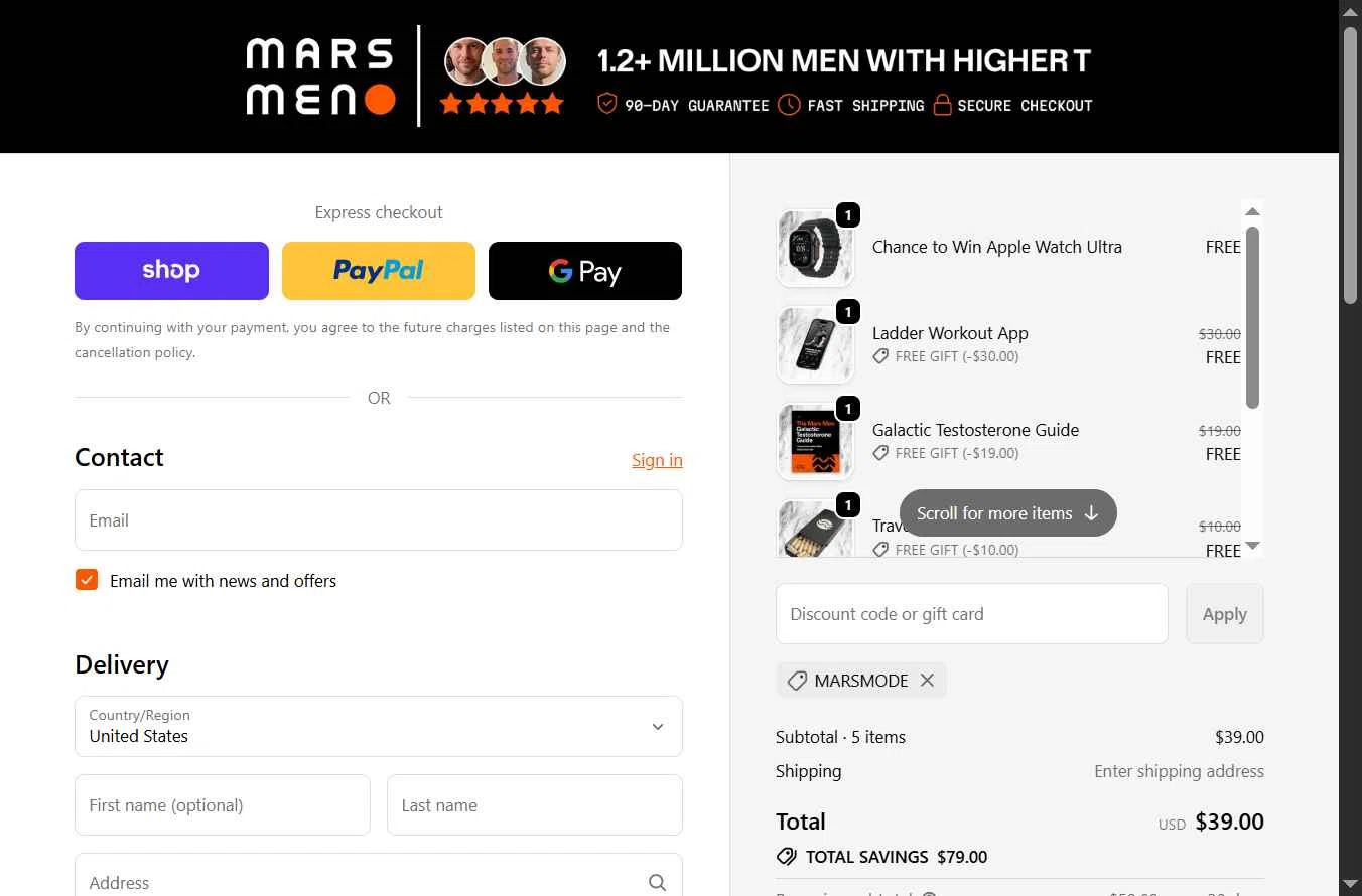 Mars Men checkout page showing Mars Men discount code box | Screenshot taken by SimplyCodes community member on Nov 28, 2025