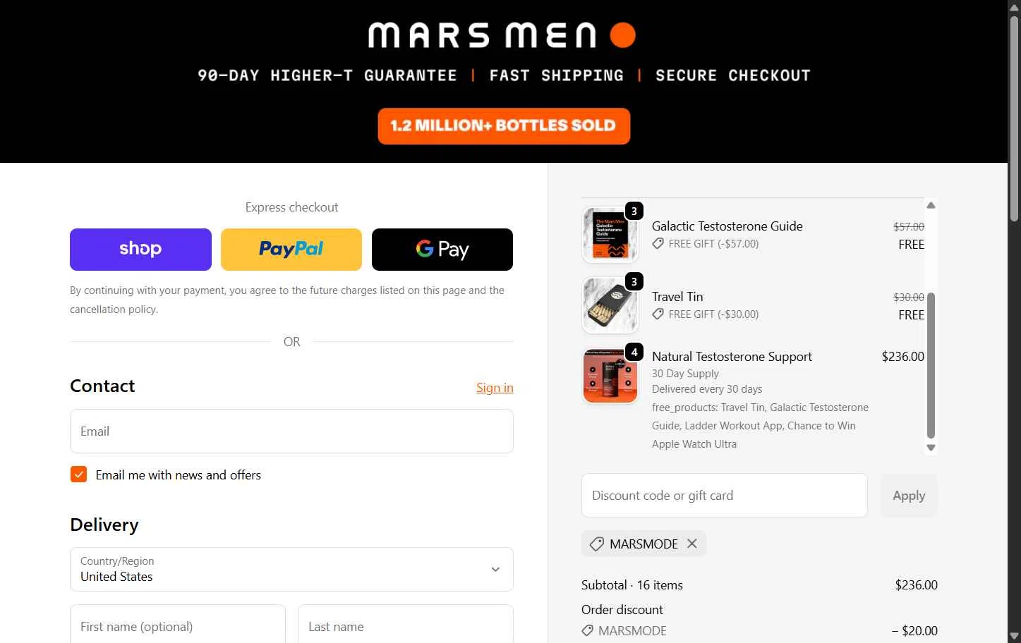 Mars Men checkout page showing Mars Men discount code box | Screenshot taken by SimplyCodes community member on Oct 18, 2025
