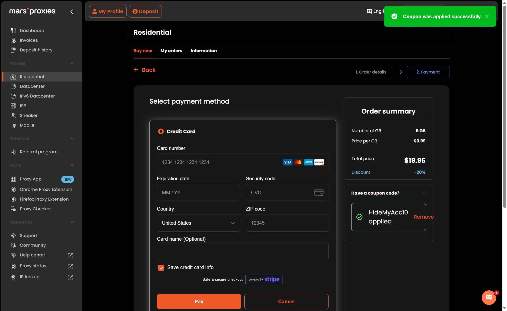 MarsProxies checkout page showing MarsProxies coupon code box | Screenshot taken by SimplyCodes community member on Oct 31, 2025