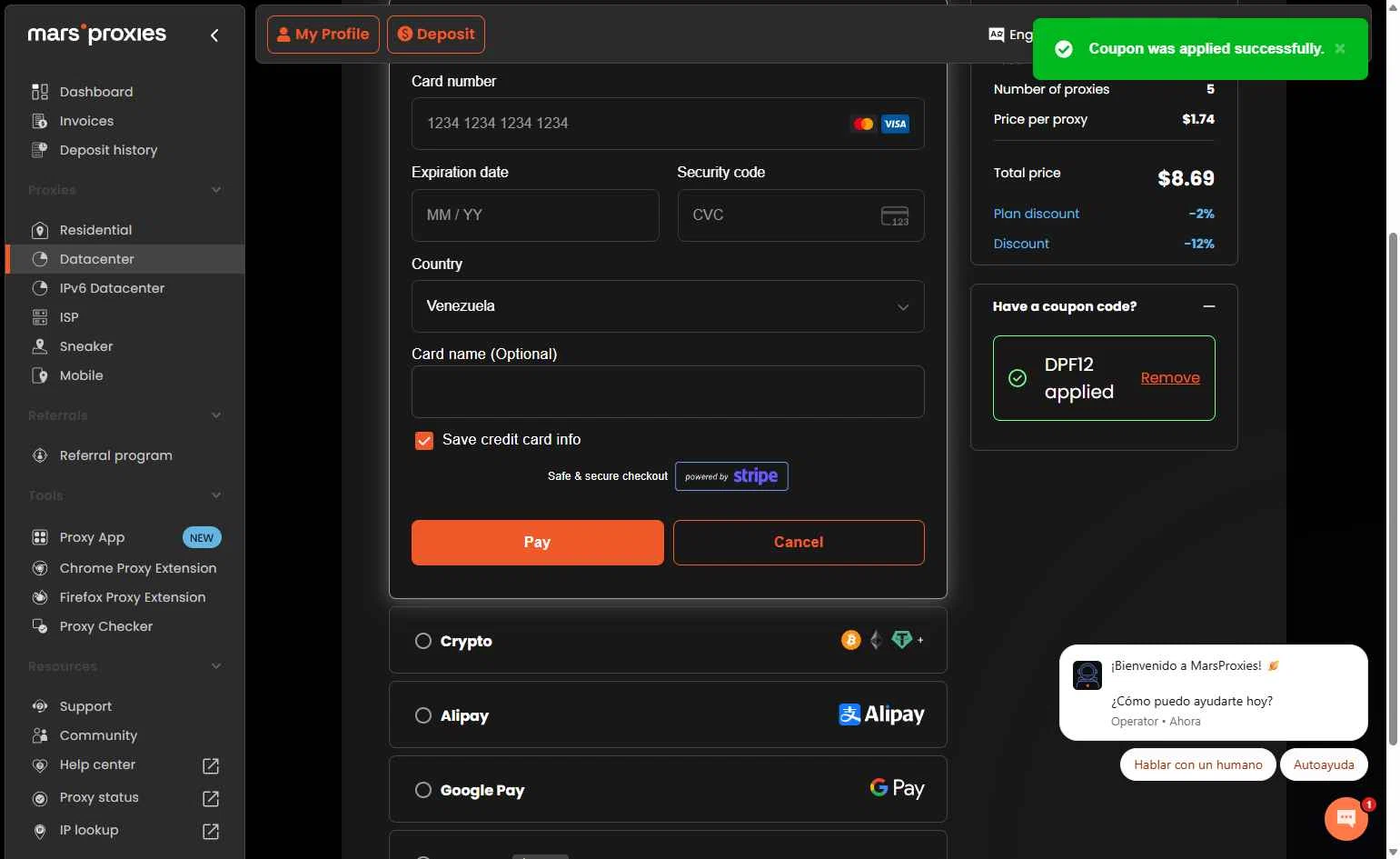 MarsProxies checkout page showing MarsProxies coupon code box | Screenshot taken by SimplyCodes community member on Oct 24, 2025