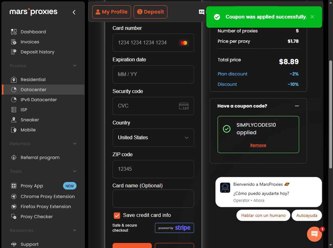 MarsProxies checkout page showing MarsProxies coupon code box | Screenshot taken by SimplyCodes community member on Dec 7, 2025