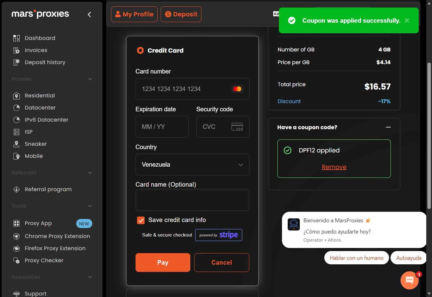 MarsProxies checkout page showing MarsProxies coupon code box | Screenshot taken by SimplyCodes community member on Nov 22, 2025