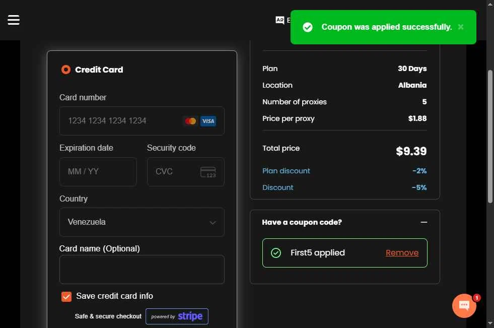 MarsProxies checkout page showing MarsProxies coupon code box | Screenshot taken by SimplyCodes community member on Oct 31, 2025