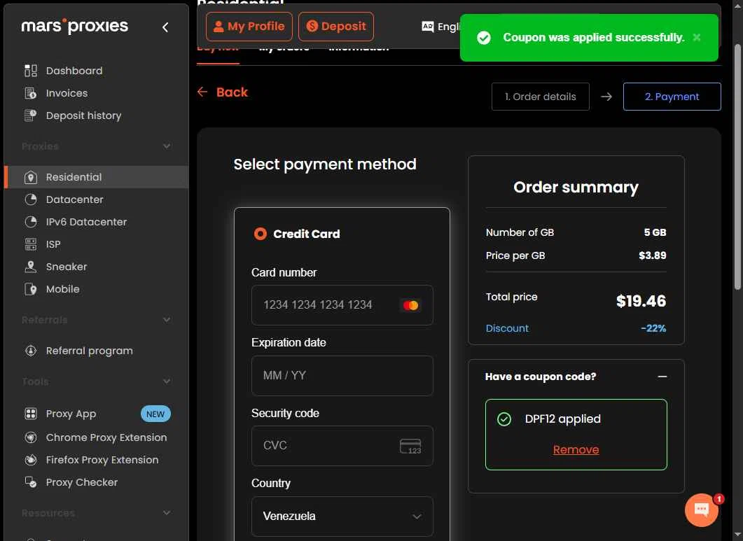 MarsProxies checkout page showing MarsProxies coupon code box | Screenshot taken by SimplyCodes community member on Oct 24, 2025