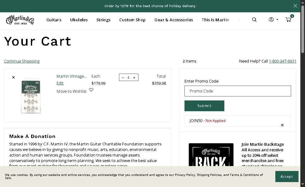 Martin Guitar checkout page showing Martin Guitar promo code box | Screenshot taken by SimplyCodes community member on Dec 12, 2025