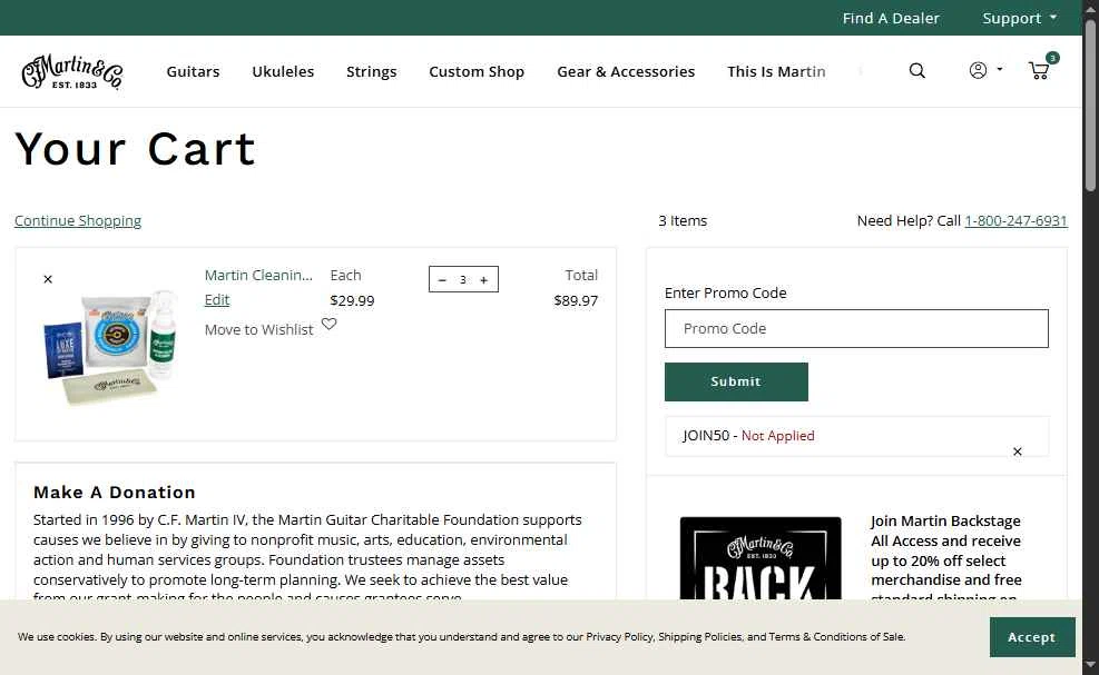 Martin Guitar checkout page showing Martin Guitar promo code box | Screenshot taken by SimplyCodes community member on Oct 28, 2025