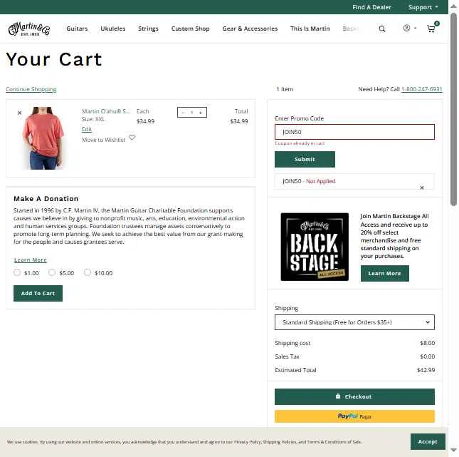 Martin Guitar checkout page showing Martin Guitar promo code box | Screenshot taken by SimplyCodes community member on Feb 5, 2026