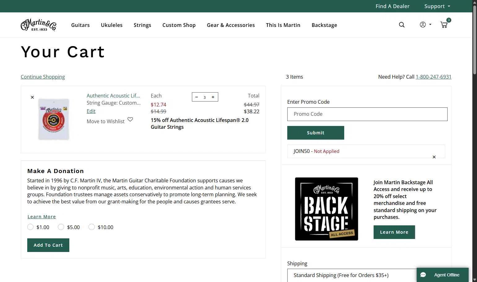 Martin Guitar checkout page showing Martin Guitar promo code box | Screenshot taken by SimplyCodes community member on Oct 23, 2025