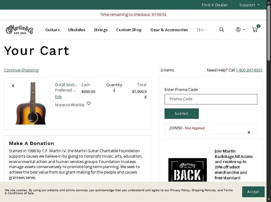Martin Guitar checkout page showing Martin Guitar promo code box | Screenshot taken by SimplyCodes community member on Jan 28, 2026