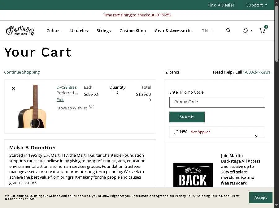 Martin Guitar checkout page showing Martin Guitar promo code box | Screenshot taken by SimplyCodes community member on Dec 30, 2025