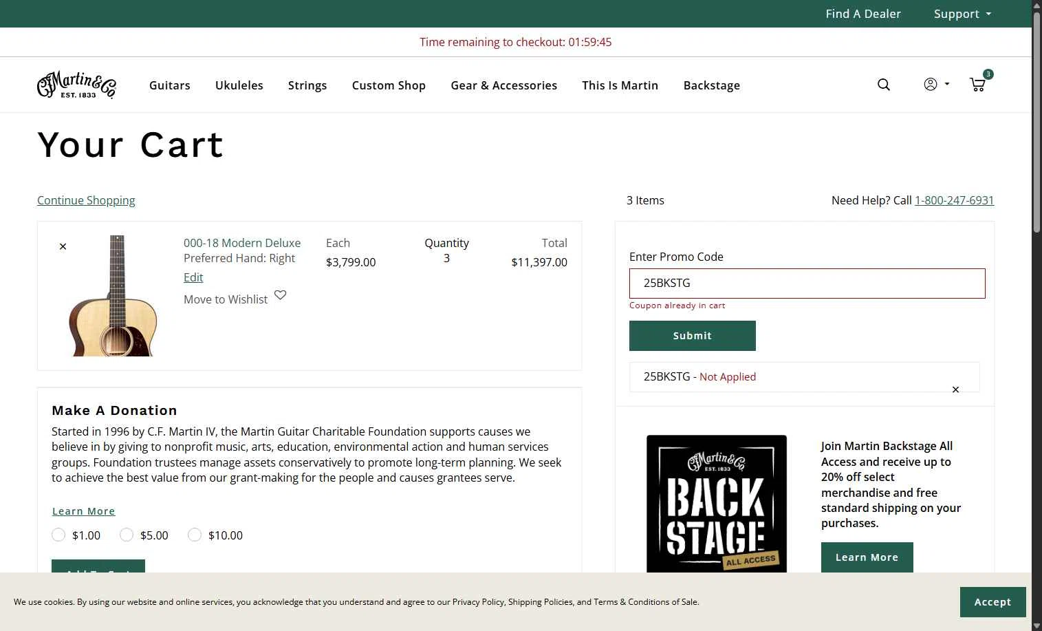 Martin Guitar checkout page showing Martin Guitar promo code box | Screenshot taken by SimplyCodes community member on Sep 17, 2025