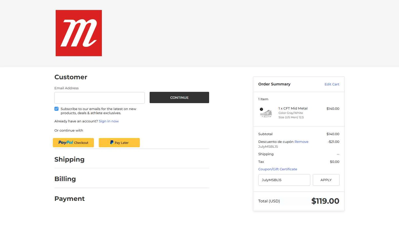Marucci Sports checkout page showing Marucci Sports coupon code box | Screenshot taken by SimplyCodes community member on Jul 14, 2025